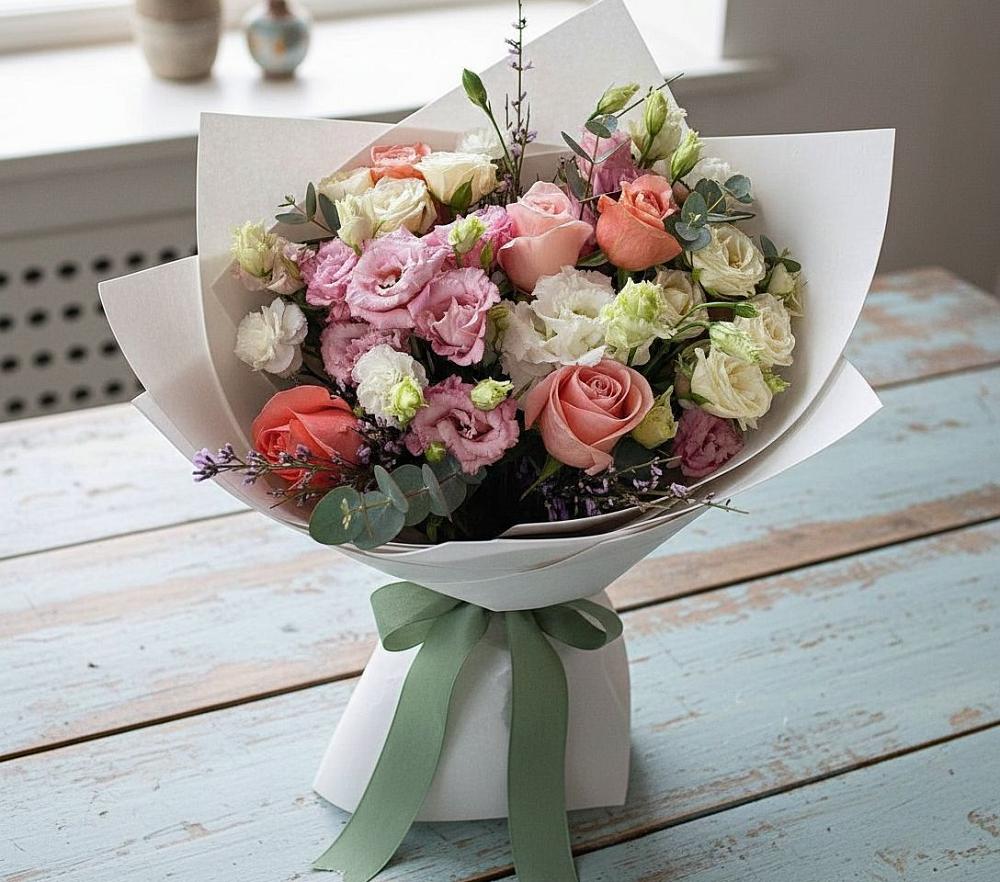 Букет цветов из: Розы, Лизиантусы и Гвоздики в Инзе